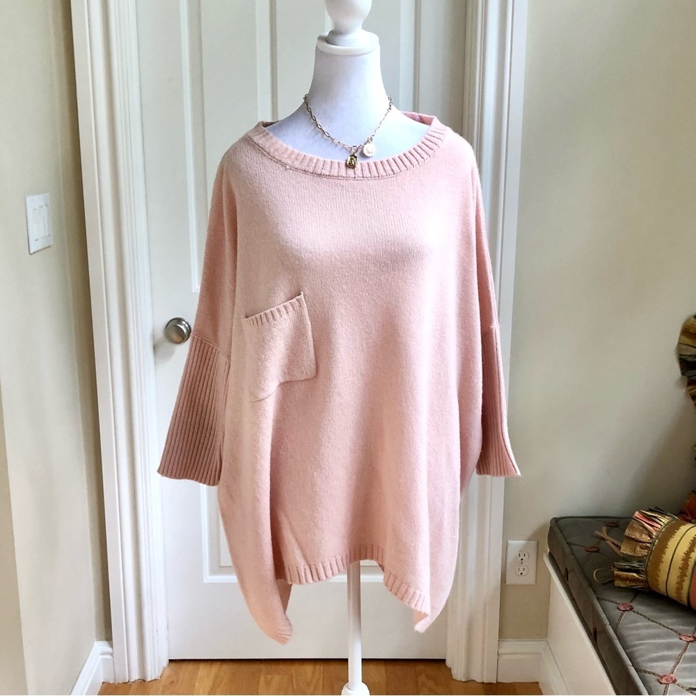 Sundance Oversized Sweater in Light Pink Wool Blend with Ribbed Drop Sleeves (M)